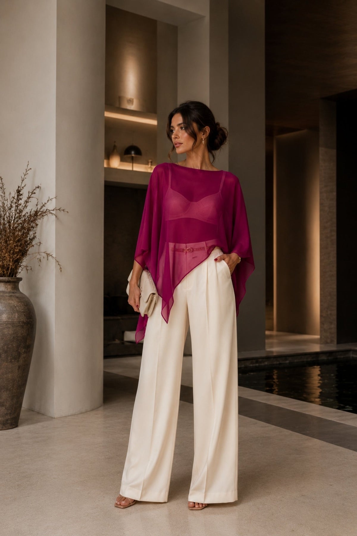 Boat Neck Asymmetrical Transparent Plum Blouse