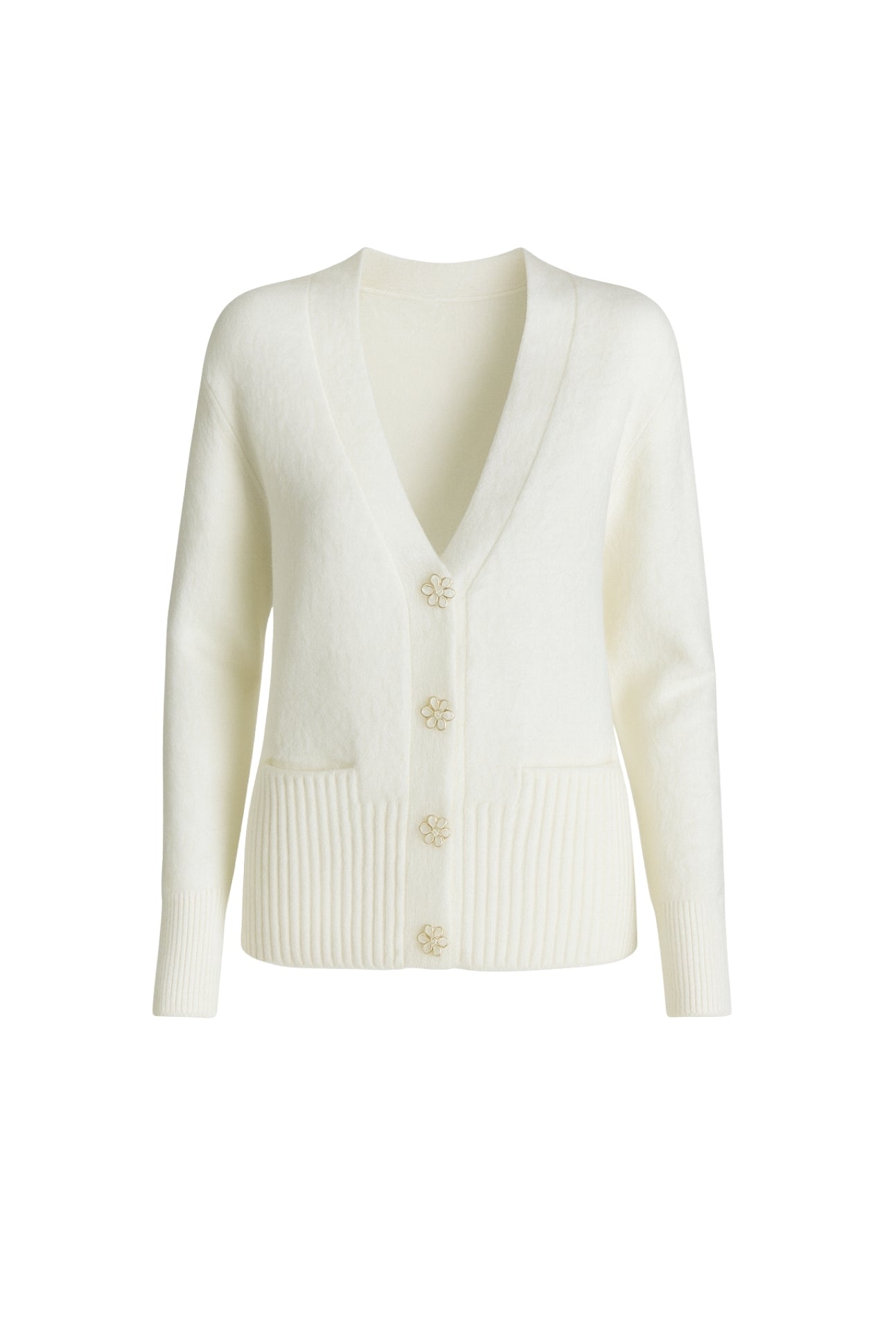 Accessory Detail V-Neck Ecru Knit Cardigan