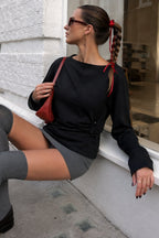 Boat-Neck Ruched Accessory Detail Textured Black Blouse