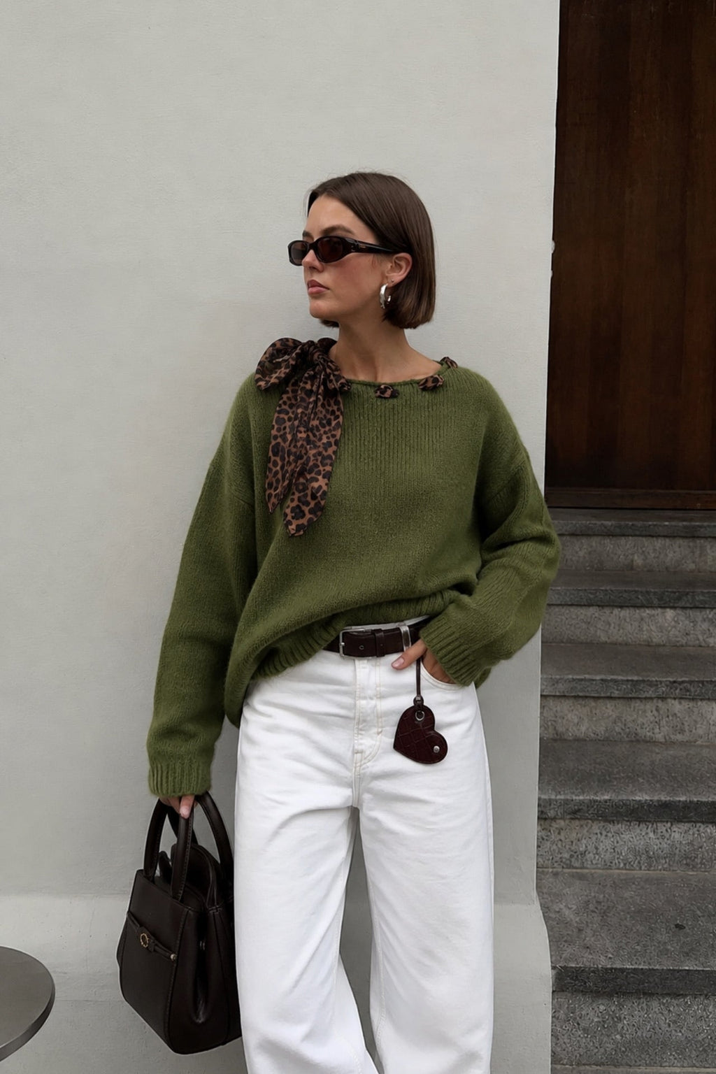 Neck Fular Detail Boat-Neck Haki Knit Kazak