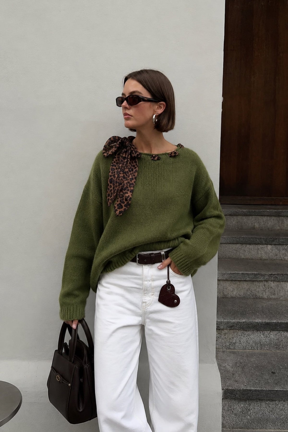 Neck Fular Detail Boat-Neck Haki Knit Kazak