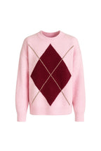 Diamond Pattern Crew Neck Pink Knit Sweater