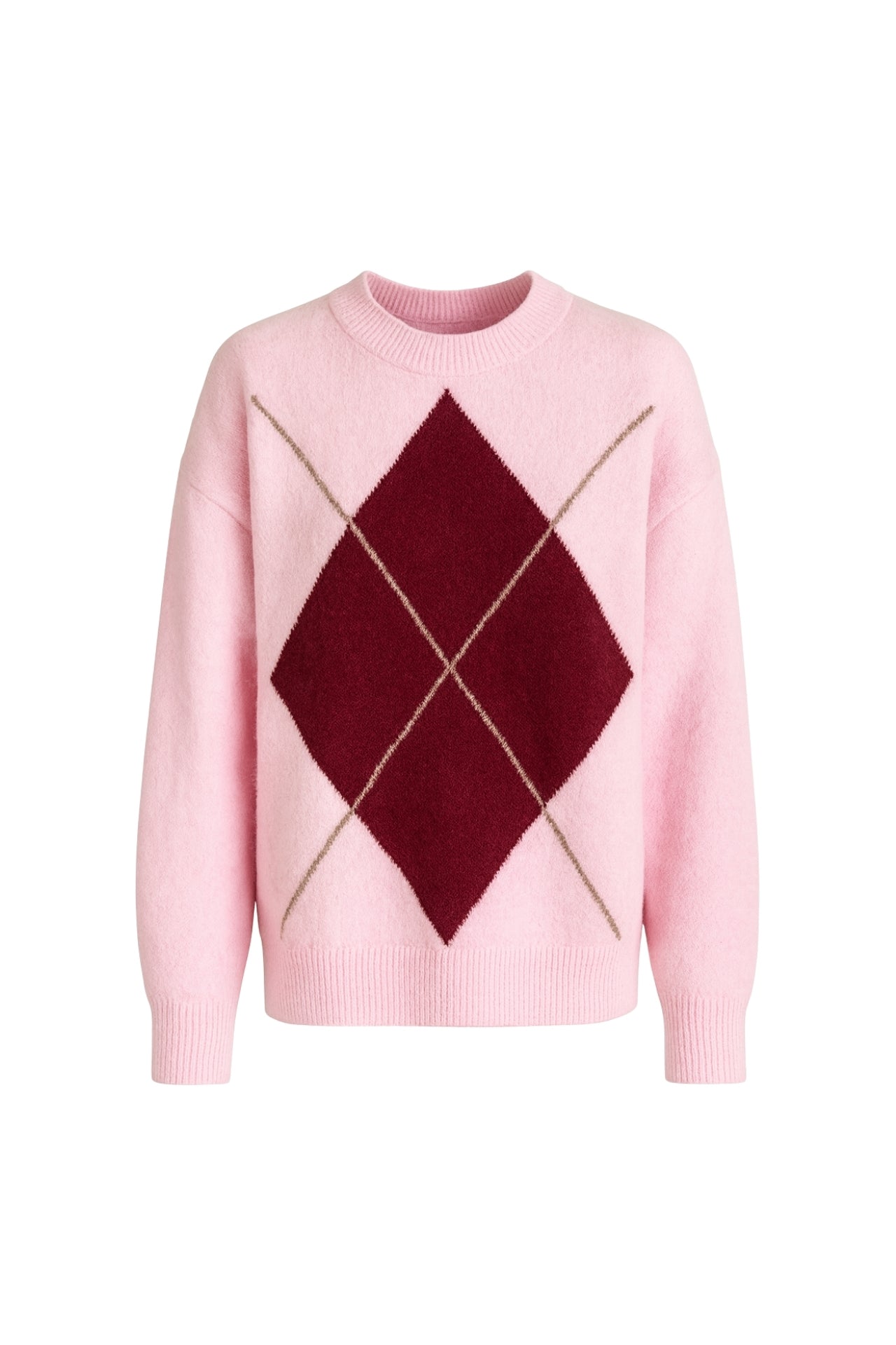 Diamond Pattern Crew Neck Pink Knit Sweater