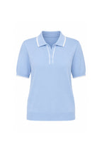 Stripe Detail Polo Neck Buttoned Blue Knitted Blouse