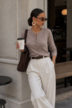 Button Detail Basic Textured Beige Blouse