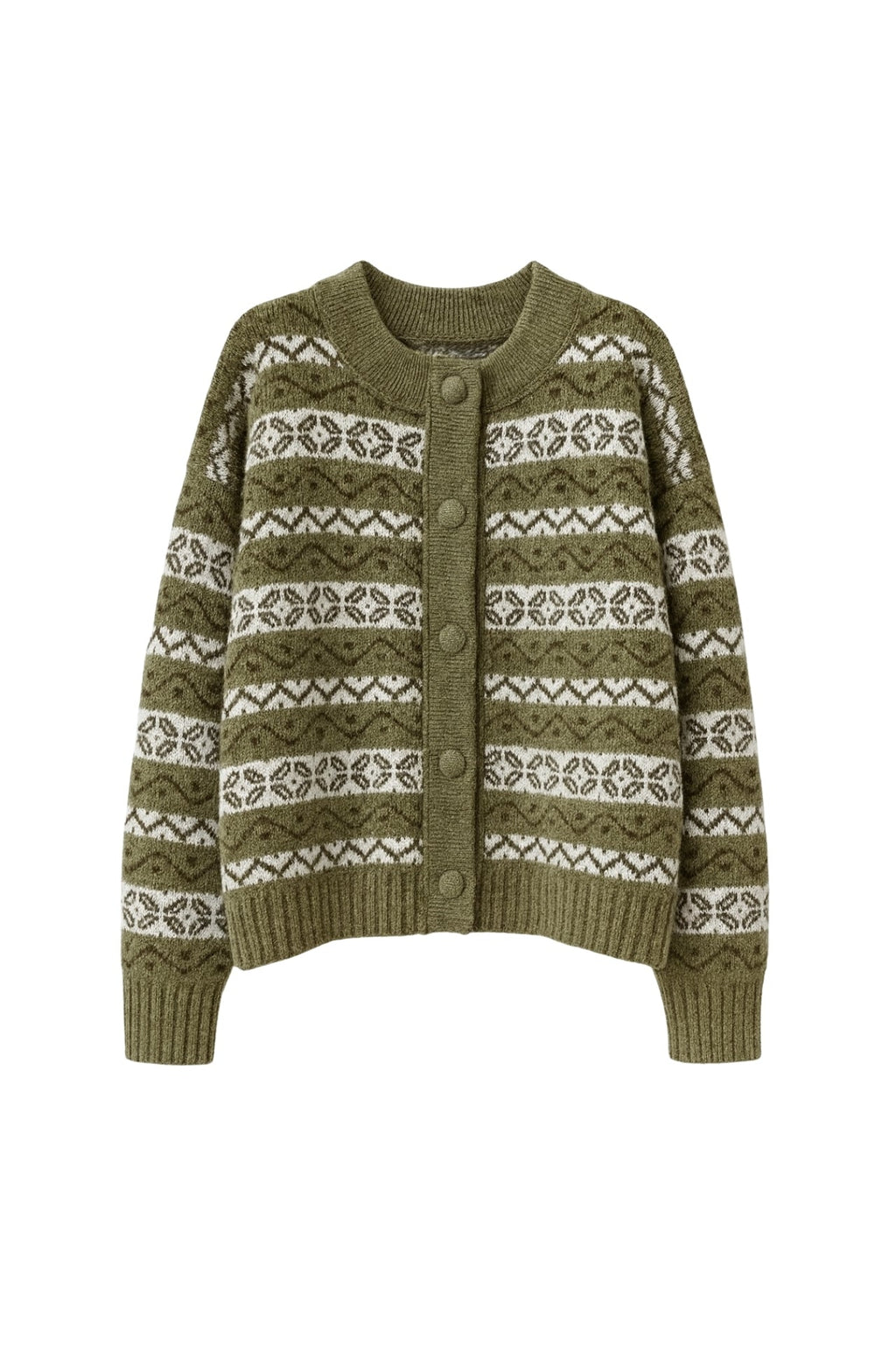 Ethnic Pattern Green Brushed Knit Cardigan