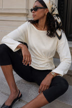Boat-Neck Ruched Accessory Detail Textured Ecru Blouse