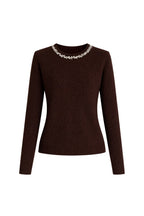 Stone-Embellished Collar Brown Knit Sweater