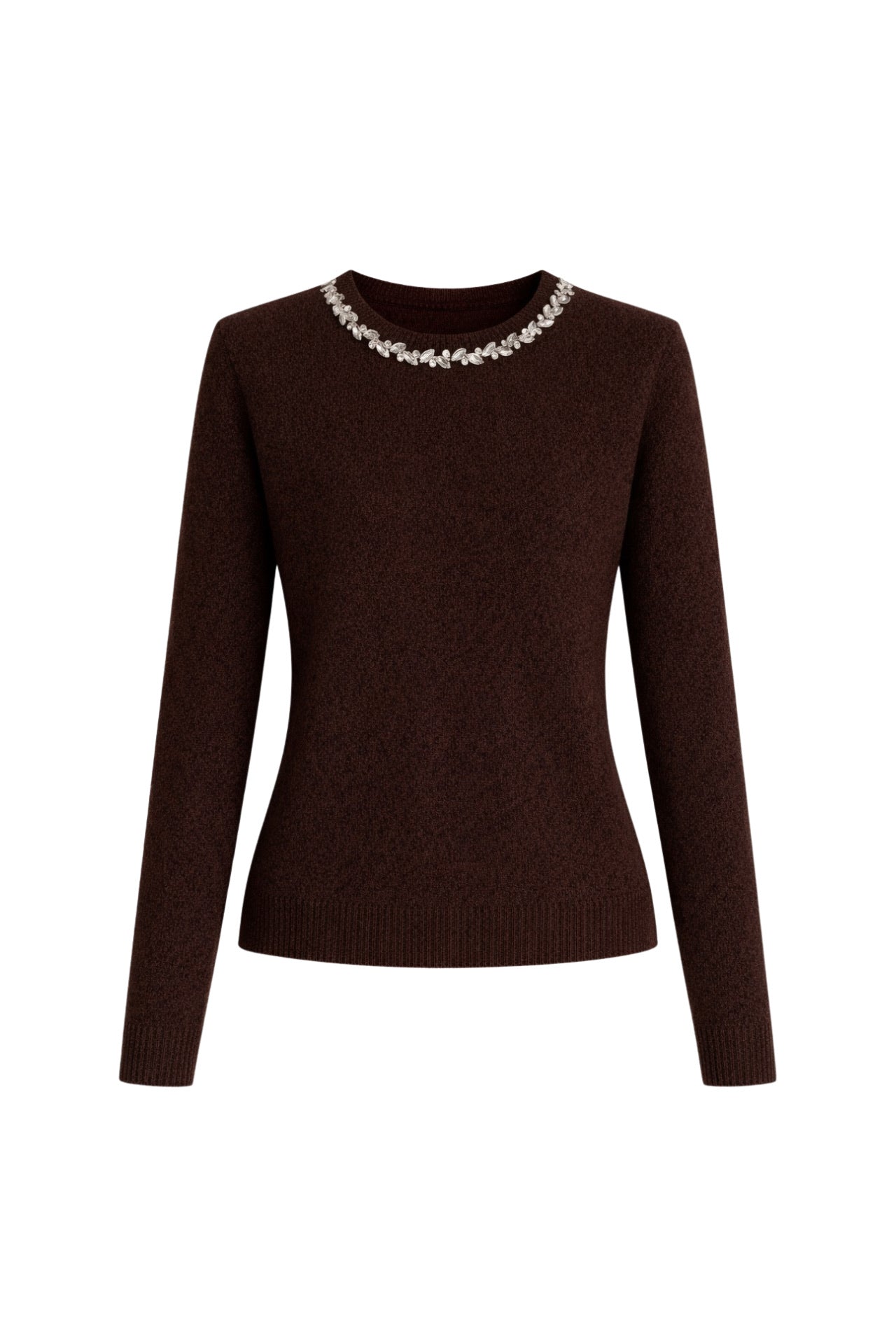 Stone-Embellished Collar Brown Knit Sweater