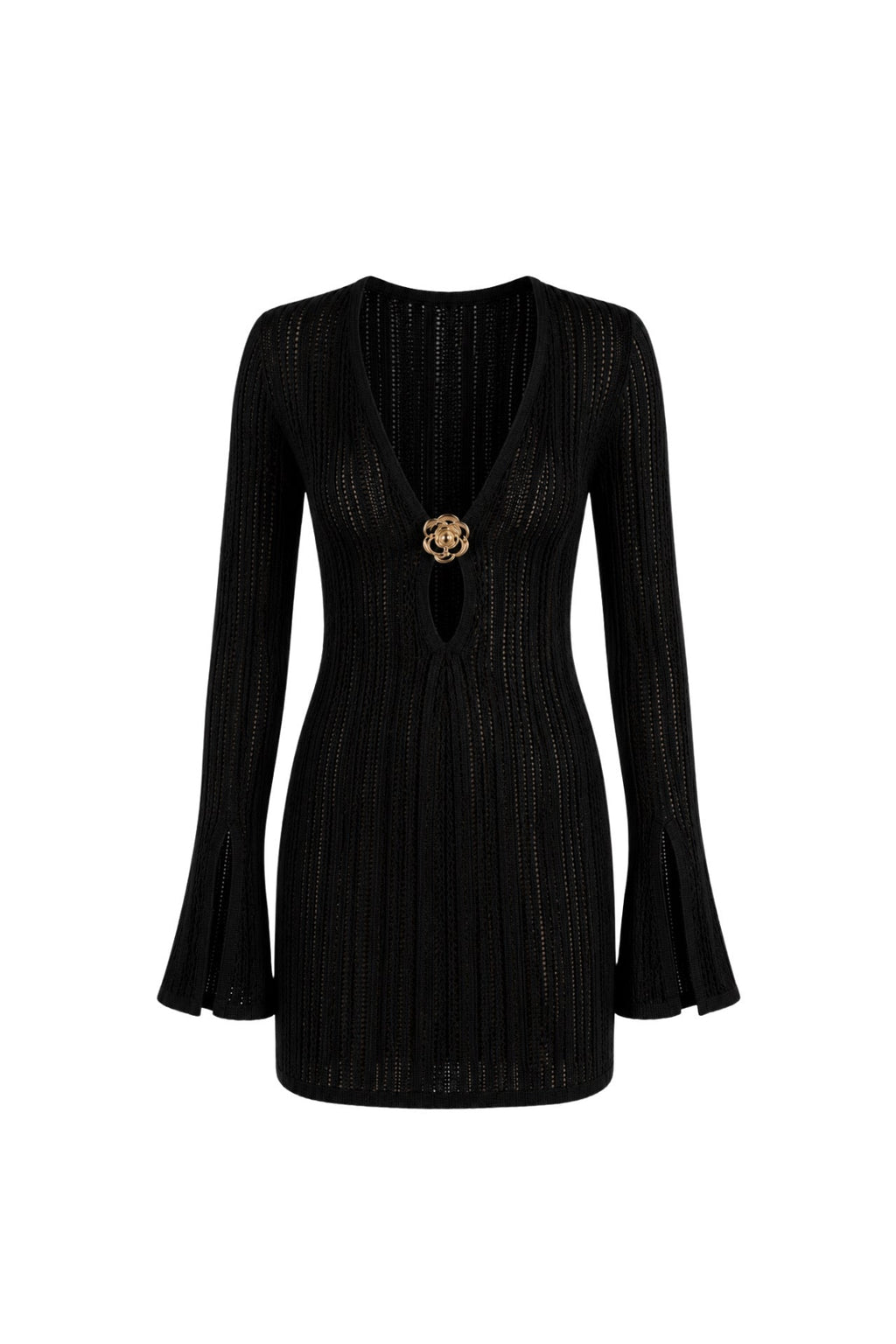 Accessory Detail Ruffle Sleeve Black Knit Dress