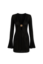 Accessory Detail Ruffle Sleeve Black Knit Dress