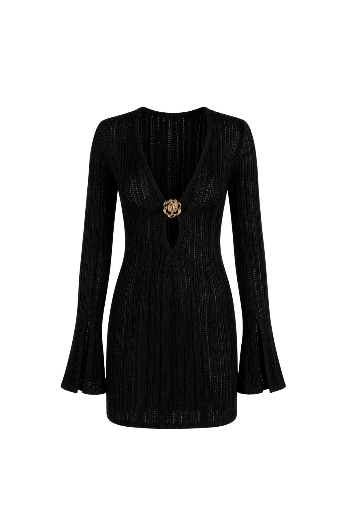 Accessory Detail Ruffle Sleeve Black Knit Dress