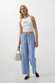 Thin Belted Lace Detail Light Blue Trousers