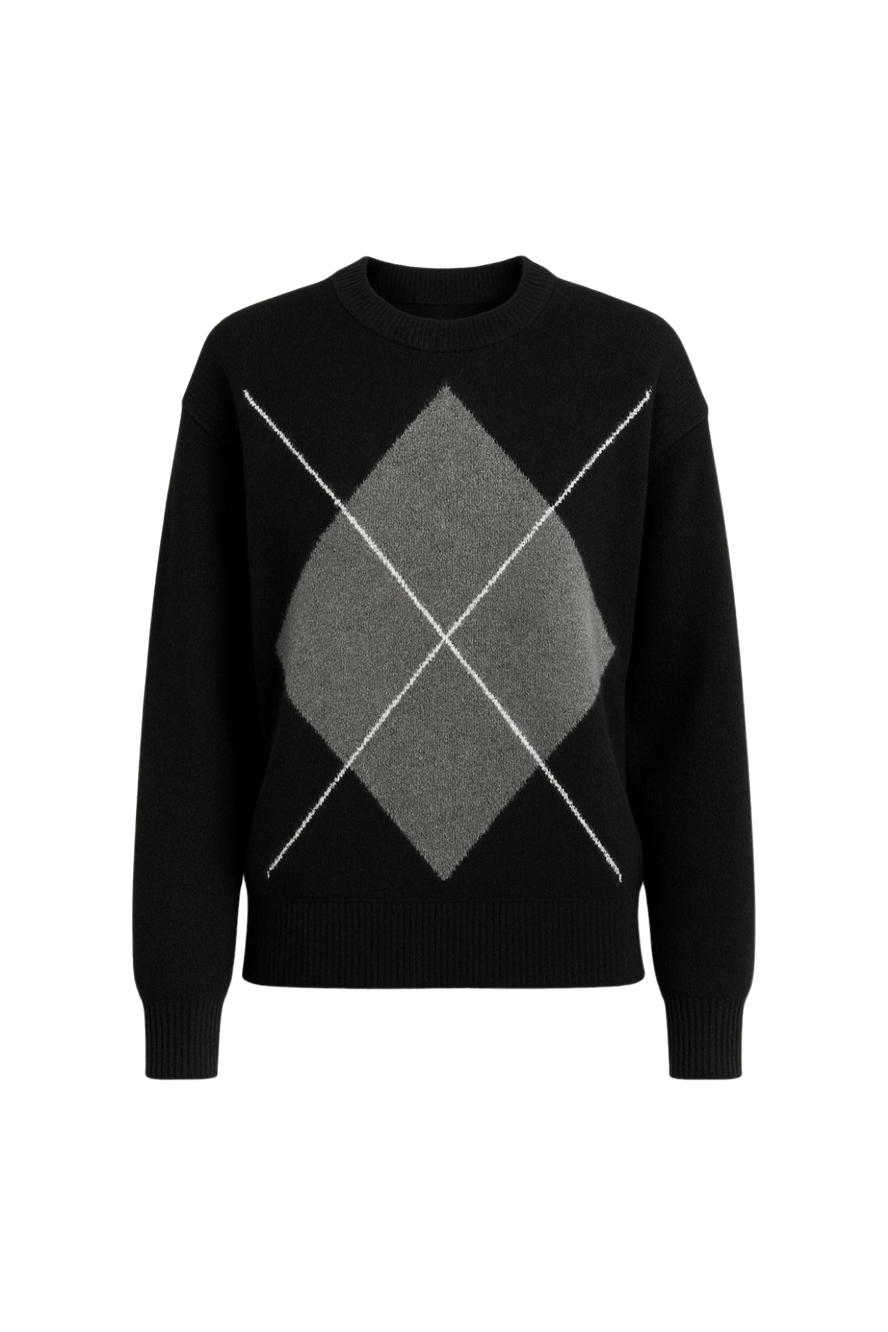 Diamond Pattern Crew Neck Black Knit Sweater