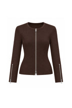 Double Fermuar Long Sleeve Brown Textured Blouse