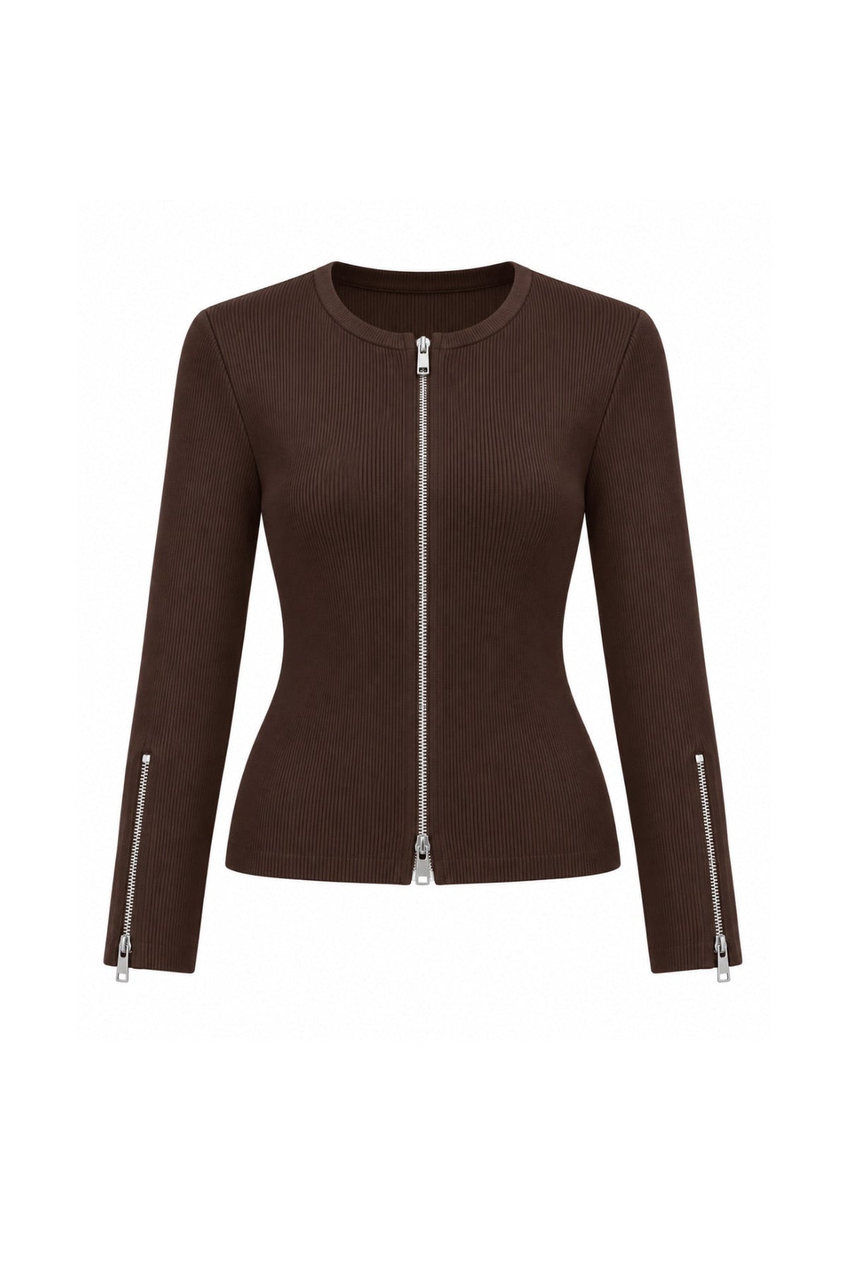 Double Fermuar Long Sleeve Brown Textured Blouse