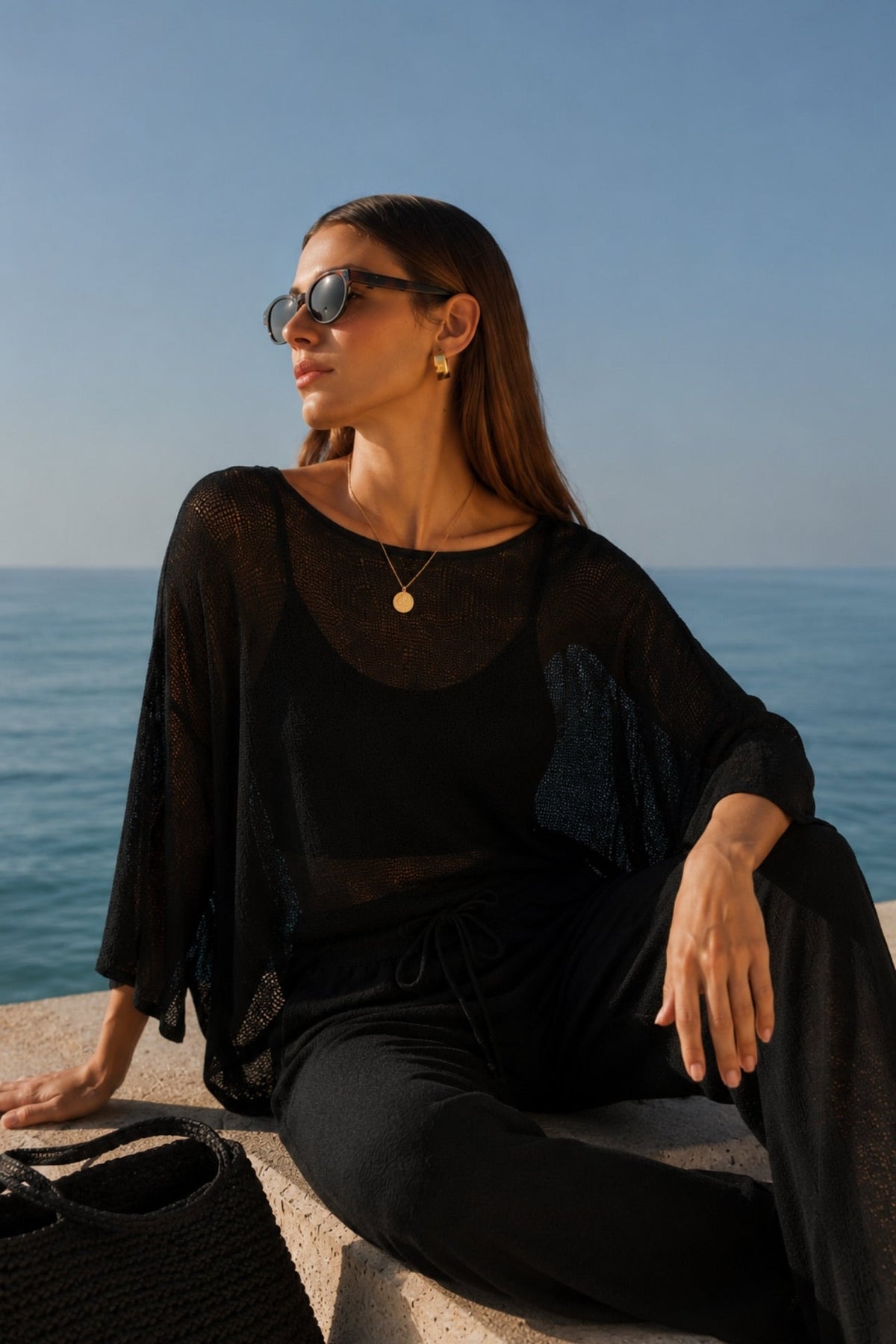 Textured Boat Neck Asymmetric Blouse with Trousers Black Two-Piece Set