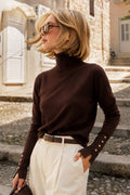 Turtleneck Button Detail Brown Knit Blouse