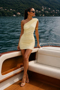 One-Shoulder Ruched Yellow Mini Dress