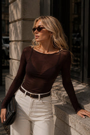 Boat Neck Brown Transparent Blouse