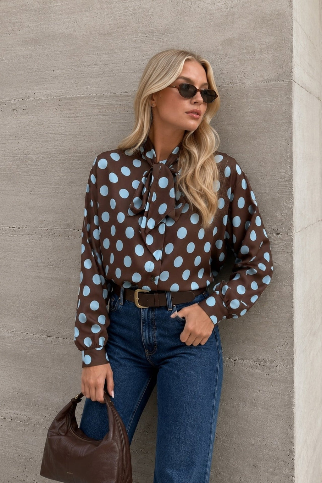 Polka Dot Pattern Scarf Detail Brown Shirt