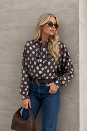 Polka Dot Pattern Scarf Detail Brown Shirt