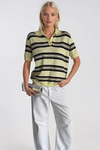 Striped Polo Collar Yellow Knit Blouse