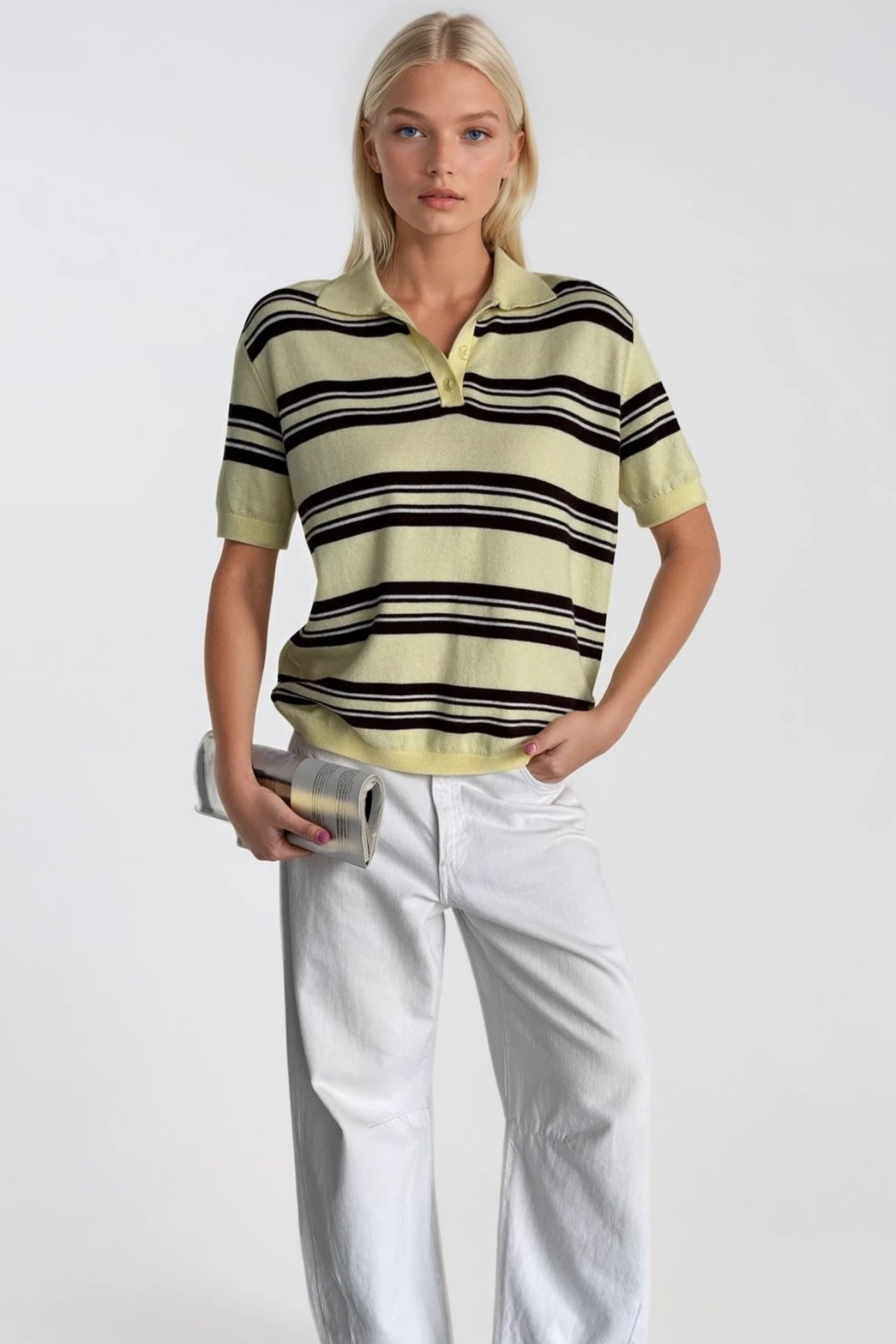 Striped Polo Collar Yellow Knit Blouse
