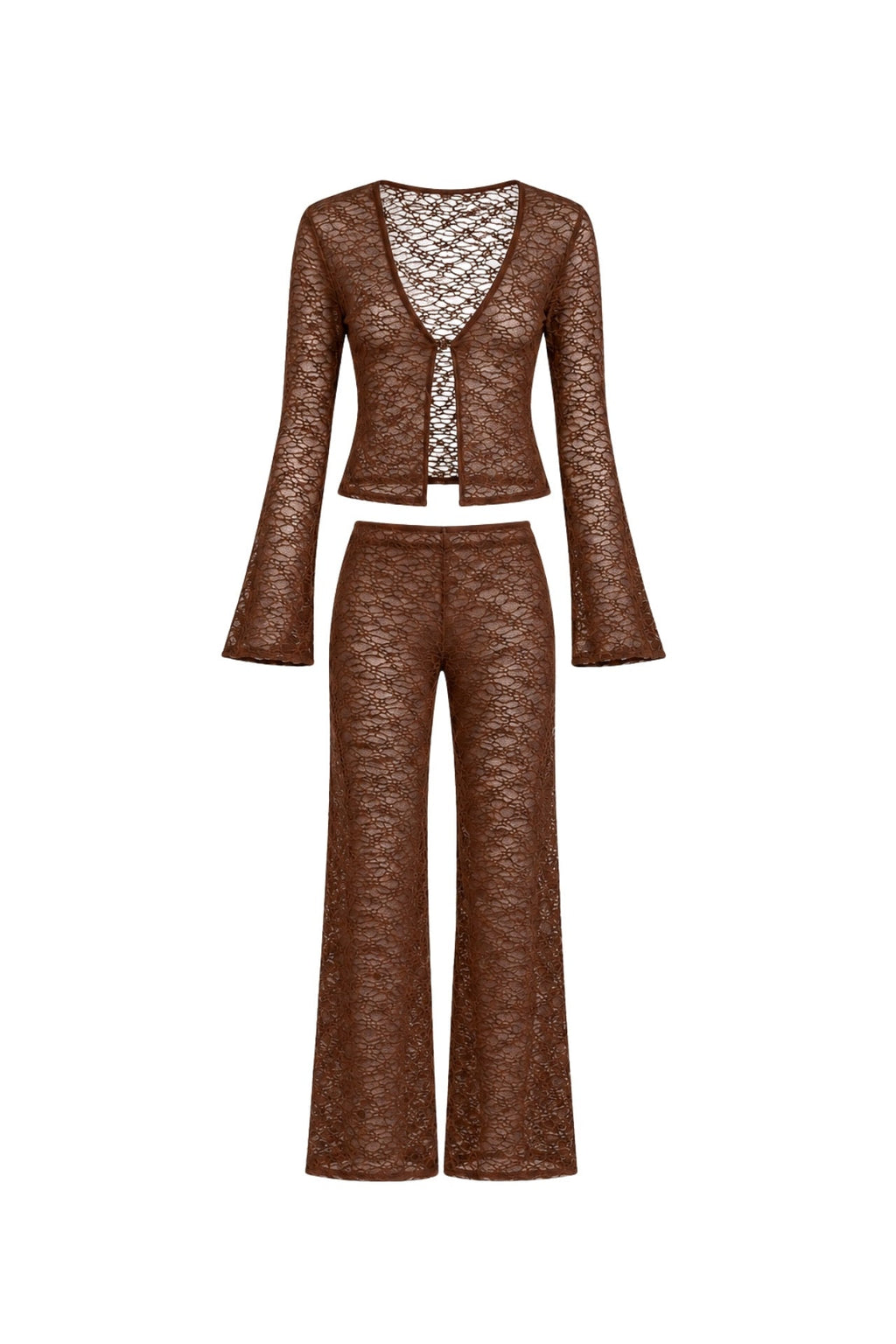 Guipure Detail Flounce Sleeve Blouse High Waist Trousers Double Brown Transparent Suit