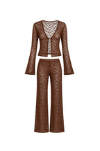 Guipure Detail Flounce Sleeve Blouse High Waist Trousers Double Brown Transparent Suit