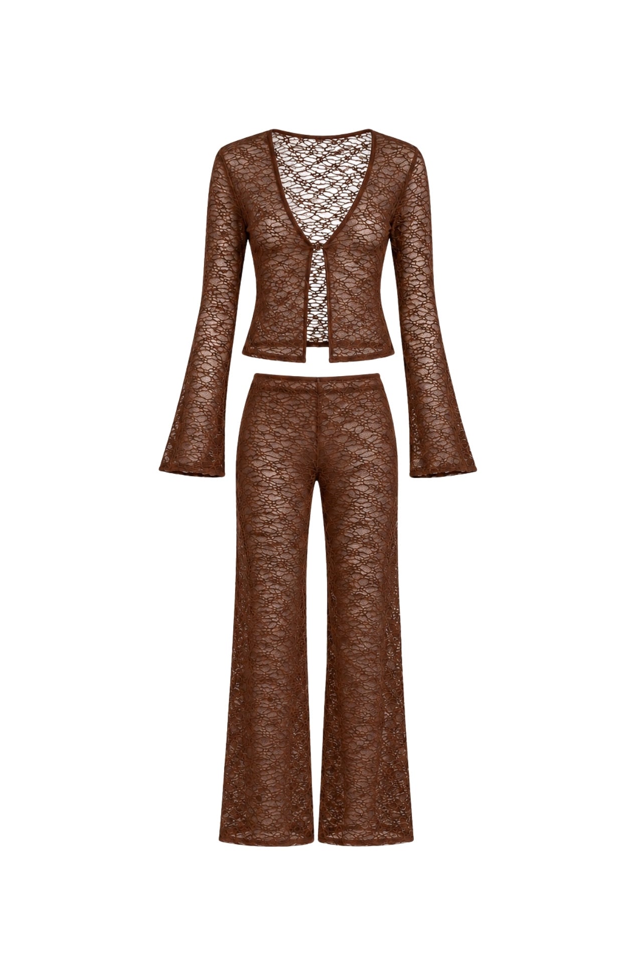 Guipure Detail Flounce Sleeve Blouse High Waist Trousers Double Brown Transparent Suit