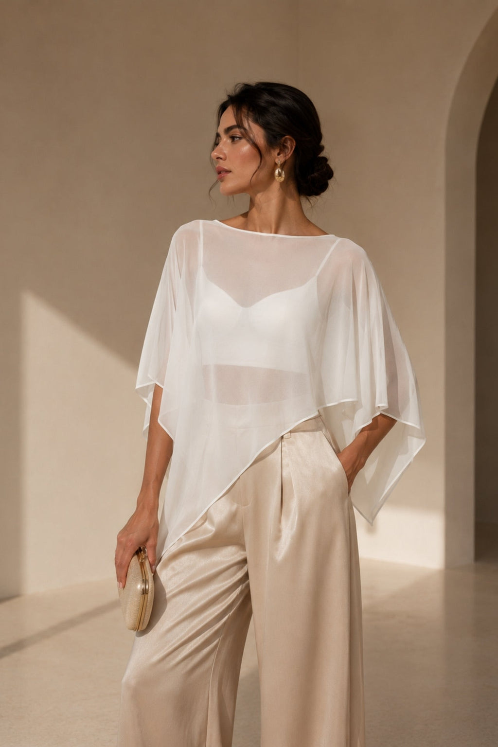 Boat Neck Asymmetrical Sheer White Blouse