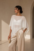 Boat Neck Asymmetrical Sheer White Blouse