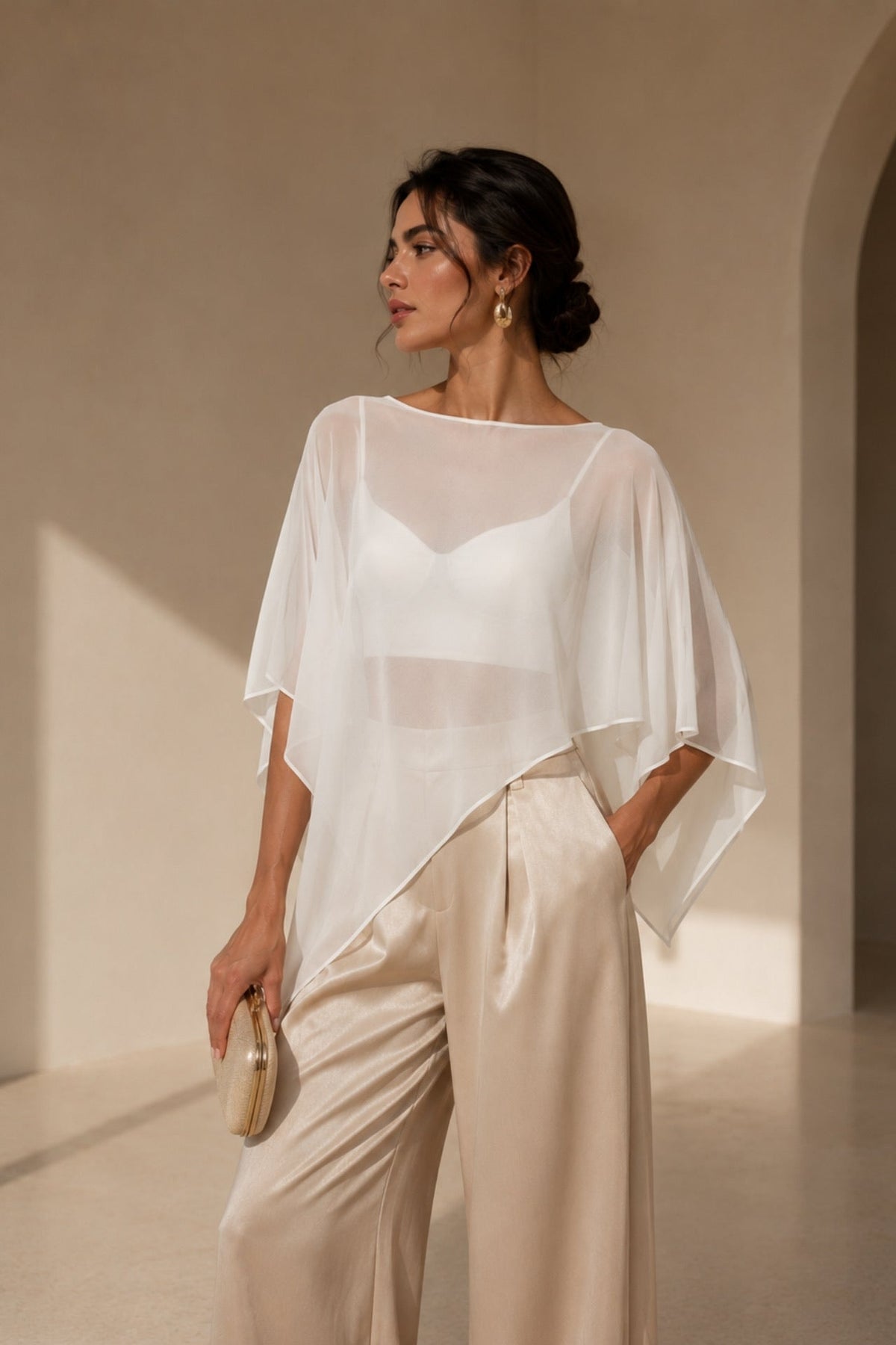 Boat Neck Asymmetrical Sheer White Blouse