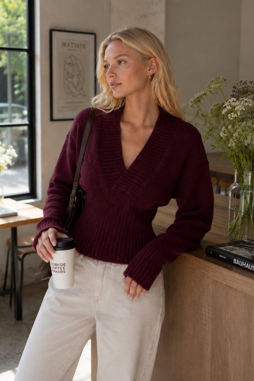 V-Neck Waist Fit Claret Red Knitwear Sweater
