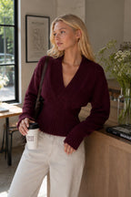 V-Neck Waist Fit Claret Red Knitwear Sweater