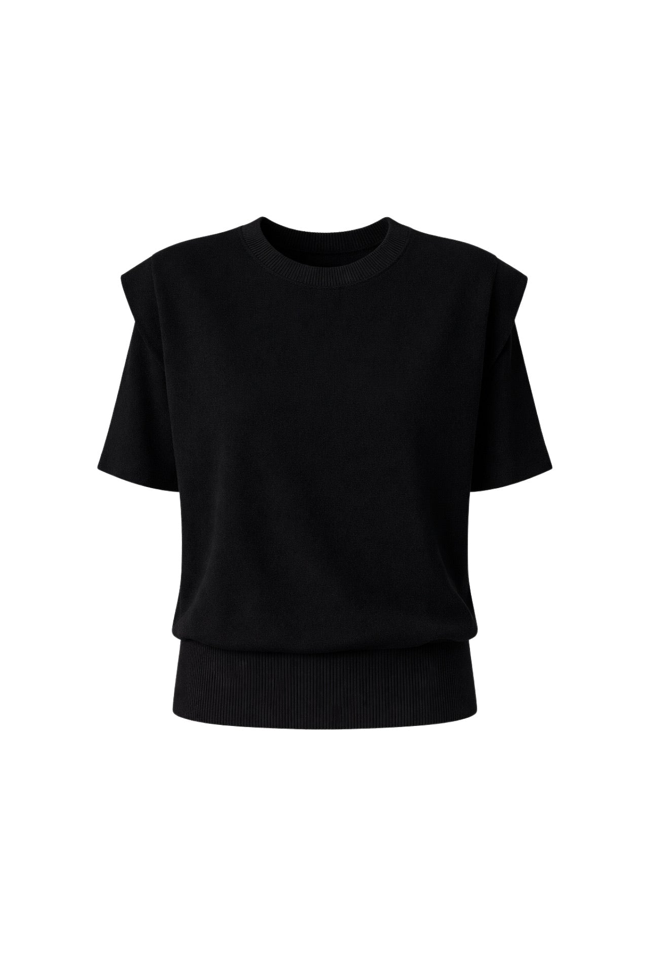 Shoulder Pad Detail Half Sleeve Black Knit Blouse