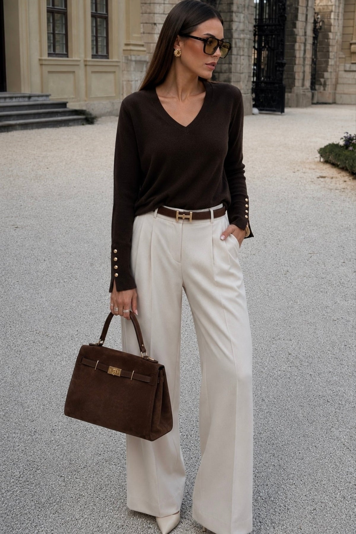 V-Neck Button Detail Brown Knit Blouse