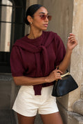 Shawl Detail Crew Neck Textured Burgundy Blouse