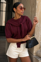 Shawl Detail Crew Neck Textured Burgundy Blouse