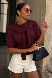 Shawl Detail Crew Neck Textured Burgundy Blouse