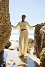 Textured Boat Neck Asymmetrical Blouse and Pants Yellow Two-Piece Set