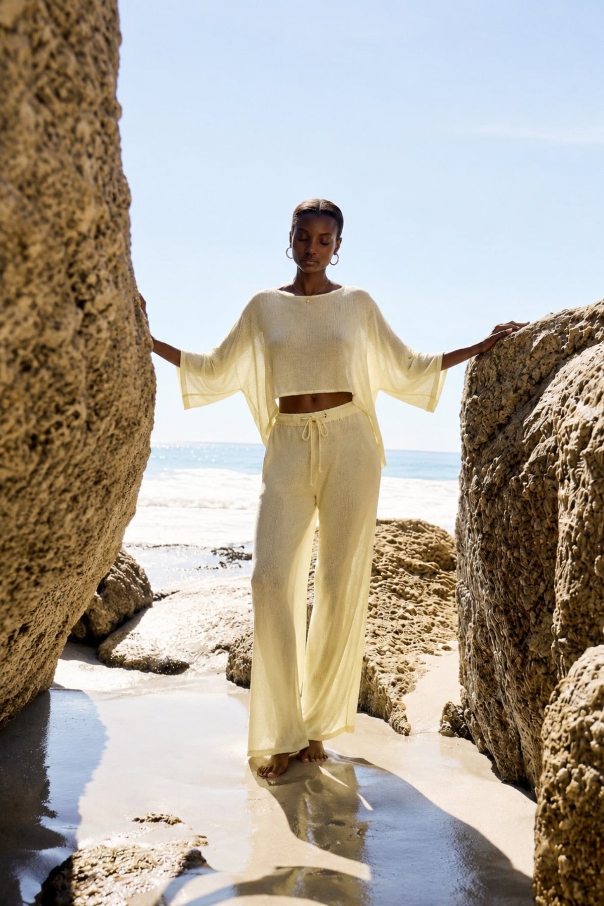 Textured Boat Neck Asymmetrical Blouse and Pants Yellow Two-Piece Set