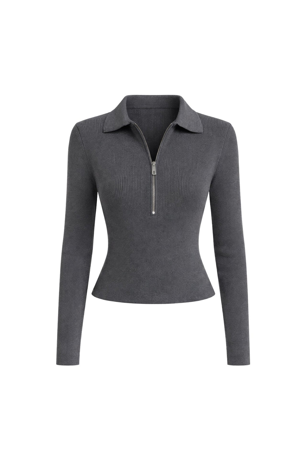 Polo Collar Zipper Detail Anthracite Knit Blouse