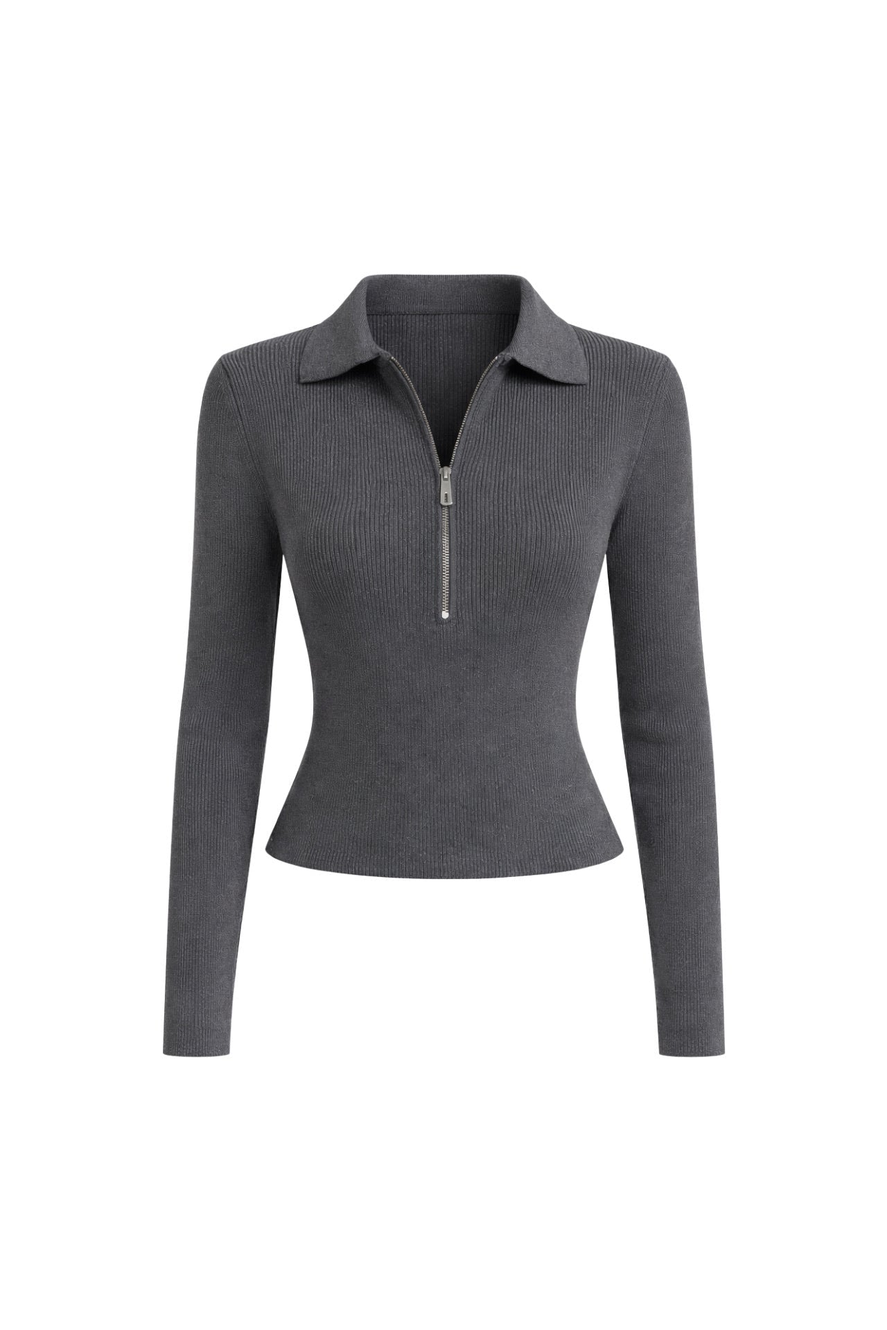 Polo Collar Zipper Detail Anthracite Knit Blouse