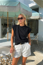 Ruched Shoulder Sleeveless Black Blouse