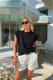 Black Sleeveless Blouse with Gathered Shoulders