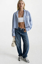 Striped Pocket Detail Crop Blue Shirt