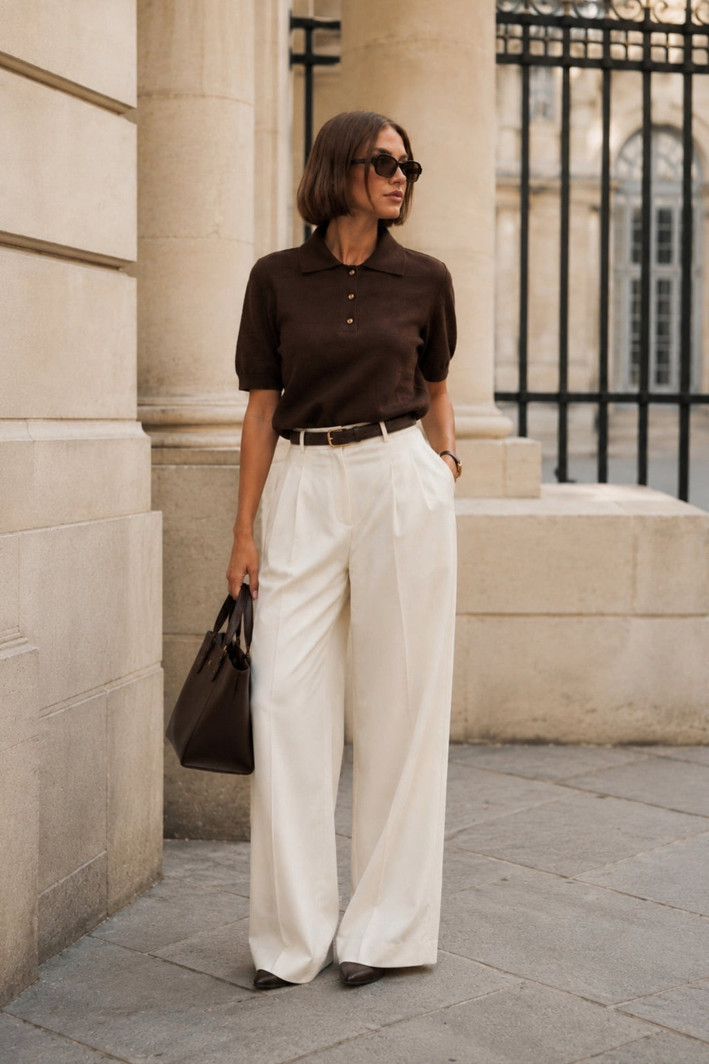 Polo Collar Gold Buttoned Brown Blouse