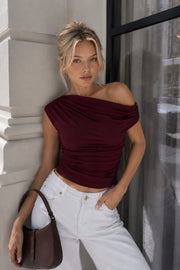 Burgundy Blouse with Asymmetric Shoulder Detail and Defined Waist